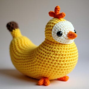 Peut inclure: Un jouet en crochet en forme de poussin jaune avec des pieds orange et un visage blanc. Le poussin a des yeux noirs et un bec orange.