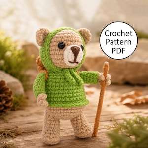 Tiny Explorer Bear Crochet Pattern PDF – Amigurumi Hiker Bear with Backpack, Kawaii Forest Plush, Step-by-Step DIY Tutorial 5"/13 cm