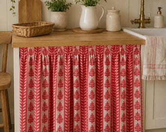 Blush Pink Botanical Floral Striped Sink Curtain : Cotton Block Print Storage Cover - Bathroom Vanity Skirt - Cottage Farmhouse Decor