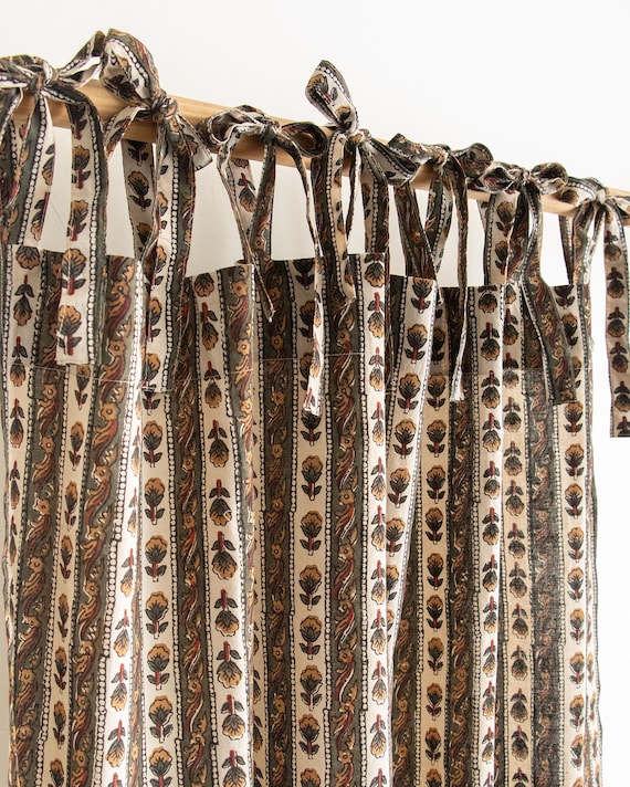 Brown and Off-White Block Print Curtains, Handmade Cotton Farmhouse Window Panels, Rustic Living Room and Bedroom Drapes
