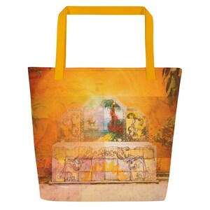 May include: A yellow tote bag with a colorful tiled design featuring a scene of a boat and a woman in a yellow dress. The background is a yellow wall with a faded, vintage look.