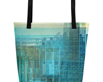 Tote Bag w pocket New York Empire State Building Blue