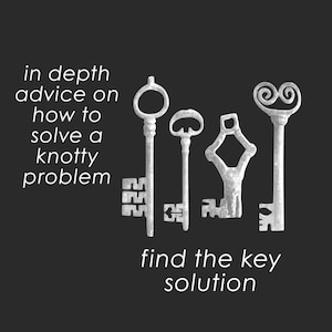 May include: Four vintage-style metal keys with distinct bow shapes arranged in a row against a dark background. The text reads: in depth advice on how to solve a knotty problem, find the key solution. The keys feature intricate bits and shafts.