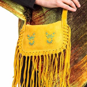 Sac à bandoulière frangé Yellow Tan - Petit sac autochtone traditionnel - Fait main