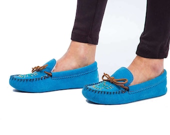 Suede Moccasins Skyblue - Hiawatha - Handmade in Canada