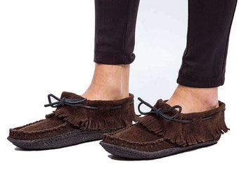 Suede Moccasins Brown - Indian Design - Handmade in Canada