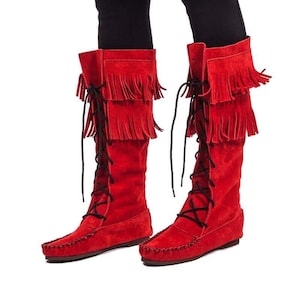 Fringed Red Boots - Style & Comfort - Handmade Suede Mukluks