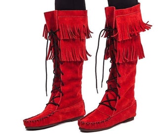 Fringed Red Boots - Fashionable Mukluks - Handmade in Canada