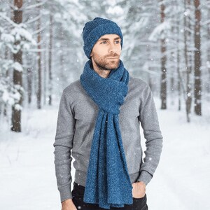 Scarf and Hat Blue Ocean - Men Long Winter Scarf Alpaca Wool