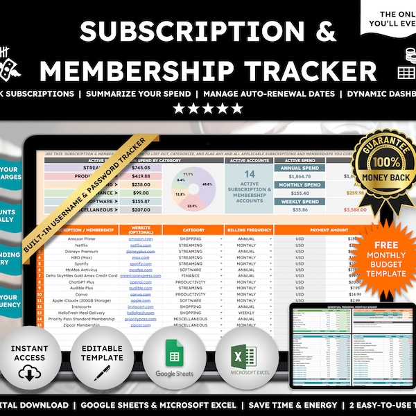 Subscription Tracker Excel Subscription Tracker Google Sheets Subscription Tracker Spreadsheet Simple Subscription Tracker Template Excel