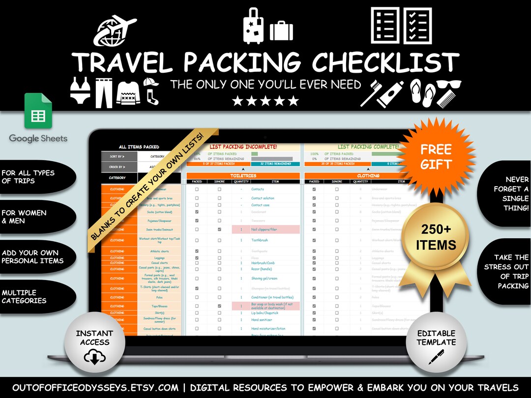 Travel Packing List Google Sheets Digital Packing List for Etsy