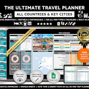Travel Planner Google Sheets Digital Travel Planner for Travel Itinerary Trip Planner Vacation Planner Holiday Planner Travel Organizer