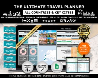 Travel Planner Google Sheets Digital Travel Planner for Travel Itinerary Trip Planner Vacation Planner Holiday Planner Travel Organizer