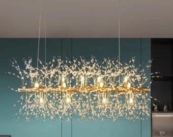 Crystal Chandeliers rectangular Hanging Ceiling Light, French Gold Lighting Fixture, Crystal Starburst Chandelier