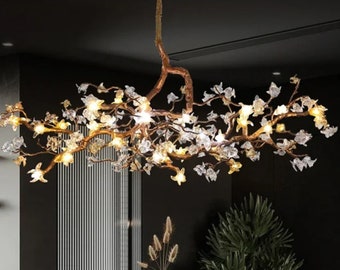 Leaf Chandelier lighting, unique hanging lighting with Amber & clear leaf, for Dining Room or living room.