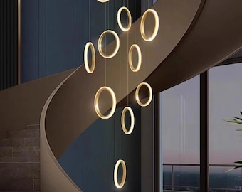 Chandelier Lighting Modern Pendant Lamp, Lighting for Foyer and High Ceiling, Modern golden hoops Staircase Chandelier Lighting,