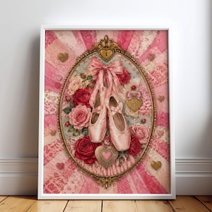 May include: A framed wall art print featuring a pair of light pink ballet slippers tied with a matching ribbon, surrounded by red and pink roses and heart-shaped accents. The oval centerpiece is set against a pink and white striped background.