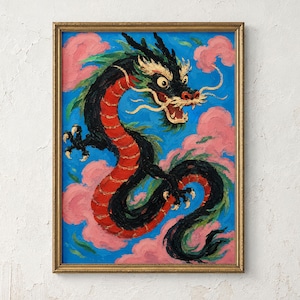 May include: A framed oil painting featuring a black dragon with a red underbelly, white whiskers, and sharp claws, set against a vibrant blue sky filled with fluffy pink clouds. The artwork is enclosed in a thin, metallic gold-toned frame.