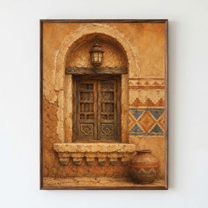 Op de afbeelding: Een ingelijste kunstdruk met een gestructureerde, beige lemen muur met een gewelfd houten raam, een hangende metalen lantaarn en een geometrisch patroon in blauw en oranje. Een bijpassende terracotta pot staat op de vensterbank.