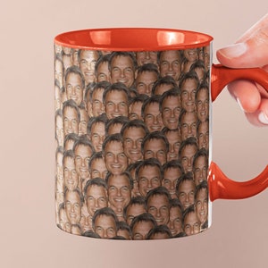 May include: A red coffee mug with a pattern of a man's face repeated all over the mug.