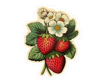 Vintage Strawberry Sticker - Retro Fruit Kiss-Cut Stickers, Adhesive Decal for Scrapbook & Laptop, Cute Vinyl Red Decals, Water Bottle