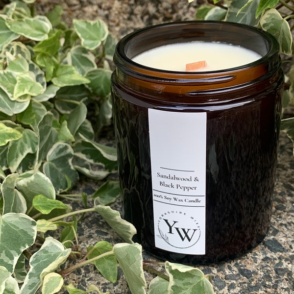 Sandalwood & Black Pepper Soy wax Candle | Wood Wick | Amber Jar with Lid 150g | Vegan and Eco-Friendly | Home Decor Candle | Highly Scented