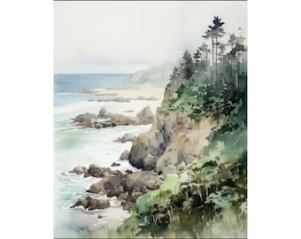 May include: A watercolour painting depicting a rocky coastline with a forest of trees on a cliff overlooking the ocean. The water is a light blue and green, and the rocks are a dark grey. The trees are a dark green and brown.