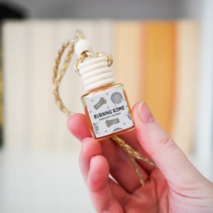Puede incluir: Pequeña botella de vidrio transparente con tapón de madera y cuerda decorativa. La botella tiene una etiqueta que dice "BURNING ROME" con pequeñas ilustraciones. La botella está llena de un líquido ámbar claro y está diseñada para colgarse.