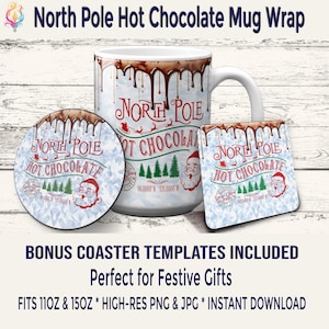 Christmas Santa Hot Cocoa Mug Wrap PNG: Holiday Sublimation for 11oz & 15oz Cups