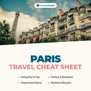 Peut inclure: Un guide de voyage intitulé "Paris Travel Cheat Sheet" avec la Tour Eiffel et l'architecture parisienne en arrière-plan. Le guide répertorie des conseils pour les restaurants, la mode, les grands magasins et les marchés.