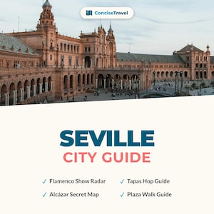 May include: A travel guide cover featuring the Seville City Guide. The image shows a large, ornate building with arches and columns. The guide includes information on Flamenco shows, Tapas, Alcázar, and Plaza walks. The ConciseTravel logo is in the top corner.