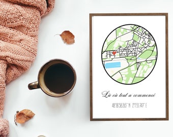 Affiche personnalisée couple avec carte plan d’un lieu de rencontre - là où tout a commencé - plan dessin ville