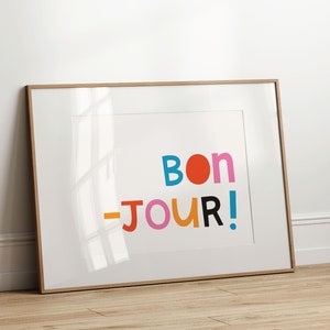 Bonjour – Arte de pared tipográfico alegre y colorido, póster de descarga digital, tarjeta de felicitación ilustrada a mano, negrita, gráfico, francés