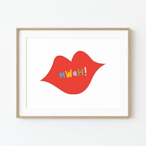 Beso de labios rojos coloridos / Arte mural tipográfico alegre / Tarjeta de San Valentín alegre y tierna / Impresión ilustrada de besos / ¡Mwah! Descarga instantánea