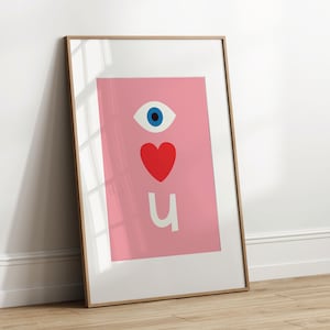 Eye Heart You - vrolijke, kleurrijke typografische muurkunst, digitale downloadposter, handgeïllustreerde kaart en cadeau, kinderen, kinderkamer, Valentijn