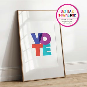 Arte mural imprimible con texto "Vote": decoración tipográfica llamativa para la oficina, el dormitorio o como regalo motivacional / Descarga instantánea + Tarjeta de felicitación