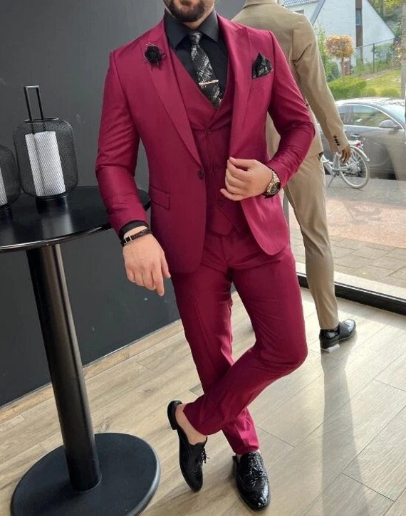 Men 3 Piece Burgundy Suit Wedding Slim Fit Party Wear Dinner Slim Fit Coat  Pants | eBay