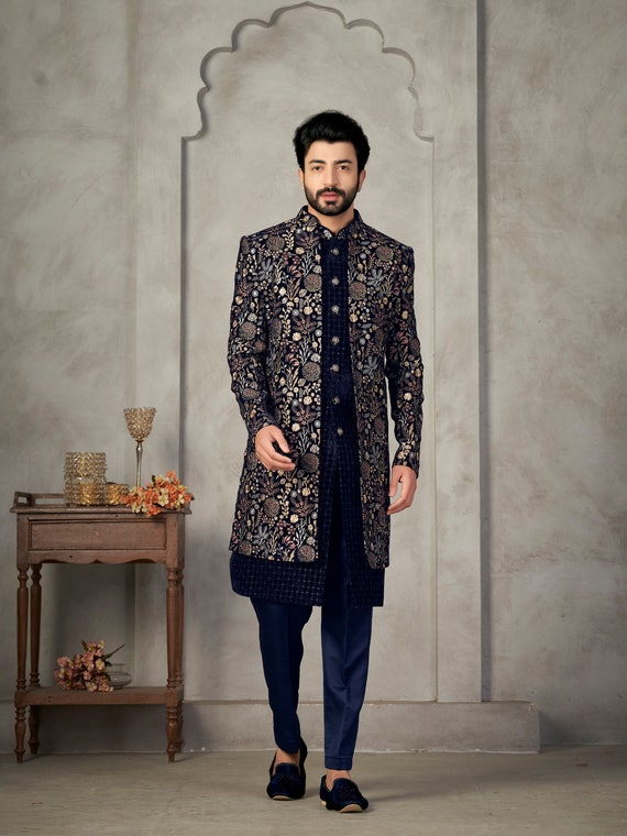 Buy Wedding Wear Pink Thread Work Art Silk Mens Indo Western Online From  Surat Wholesale Shop.