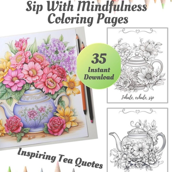 35 Mindfulness Coloring Pages for Adults, Printable Coloring Pages, Coloring Pages for Adults Teapots, Coloring Pages for Adults Women