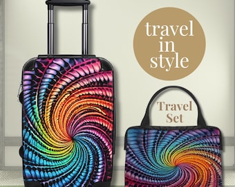 Rainbow Swirl Travel Set Carry On Luggage & Inflight Bag Colorful Suitcase Set Statement Trip Gift
