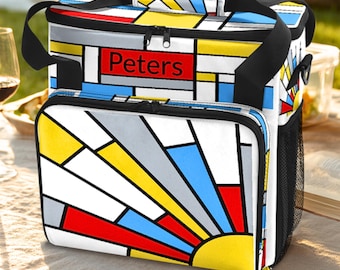 Mondrian Design Insulated Cooler Bag: Canvas Picnic Tote for Outdoor Adventures