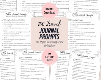 May include: A set of printable travel journal prompts for reflecting on trips. The prompts are organized into categories such as "Pre Trip to Returning Home Reflections", "Solo Travel Reflections", "Lessons & Growth", and "Nature Reflections". The printable sheets are 8.5 inches by 11 inches.