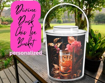 Divine Dusk Ice Bucket and Tongs, Personalized 3qt Ice Bucket/Lid/Handle, Wraparound Festive Cocktail Print, Matches Wine Tote/Coasters