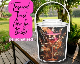 Tropical Twist Ice Bucket and Tongs, Personalized 3qt Ice Bucket/Lid/Handle, Wraparound Festive Cocktail Print, Matches Wine Tote/Coasters