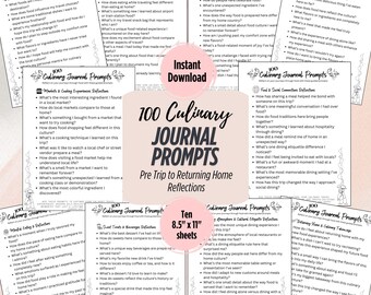 May include: A set of ten 8.5 by 11 inch printable journal prompts for culinary travel. The prompts are organized into categories such as "First Impressions & Local Cuisine", "Markets & Cooking Experiences", "Food & Social Interactions", "Sweet Treats & Beverages", "Culinary Journal Reflections", and "Returning Home Reflections".