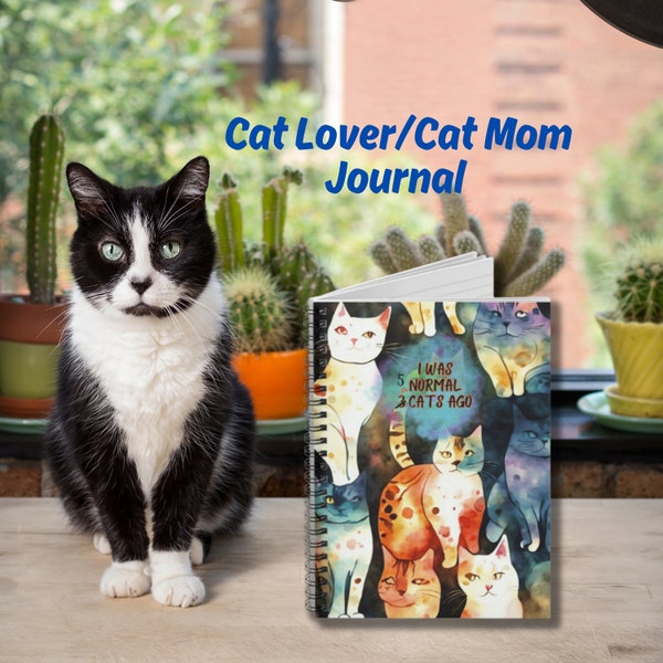 Cat Lover/Cat Mom Spiral Journal for Cat Moment Memories, Cat Mom's Thoughts In 118 Ruled-Line Page Notebook, 8"x6" Fits Into Purse/Tote Bag