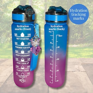 May include: Two water bottles with blue and purple gradients. One bottle has time markers and motivational phrases. The other bottle has fluid volume measurements in ounces and milliliters. Both bottles have blue lids and a butterfly charm.