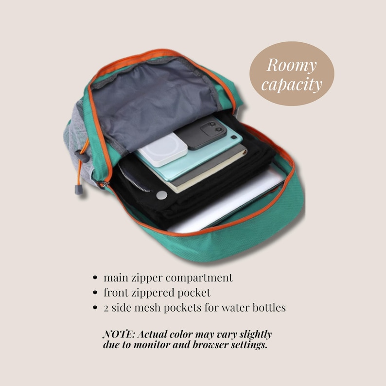 May include: Open teal backpack with orange trim, gray mesh side panels, and a gray interior. The backpack is filled with a laptop, books, and electronic devices. Features include a main zipper compartment, front zippered pocket, and two side mesh pockets. The text says "Roomy capacity."