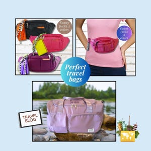 May include: An assortment of travel bags in various colors, including black, pink, and purple fanny packs, and a large lavender duffel bag. The image includes the text "Perfect travel bags" and "Travel Blog".
