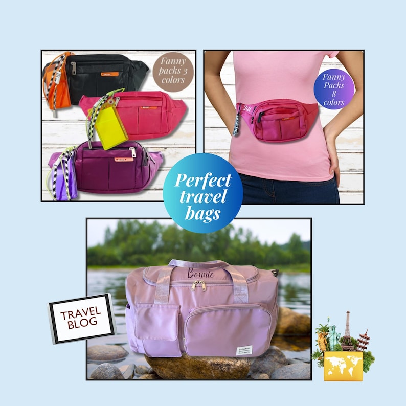 May include: An assortment of travel bags in various colors, including black, pink, and purple fanny packs, and a large lavender duffel bag. The image includes the text "Perfect travel bags" and "Travel Blog".